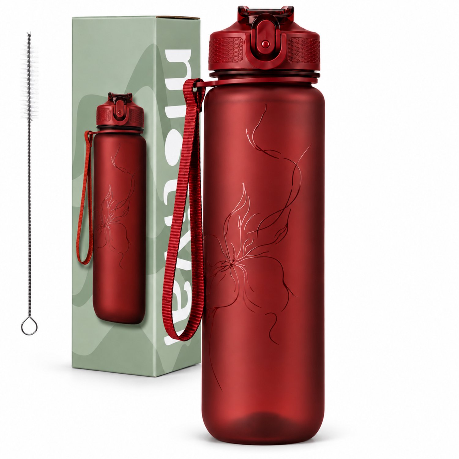 Motivai Deluxe Motivatie Waterfles 1 Liter – Waterfles met Rietje – Inclusief Extra Afsluitklepje & Riet Borstel – BPA-vrij – Burgundy – Voor Volwassenen & Kinderen