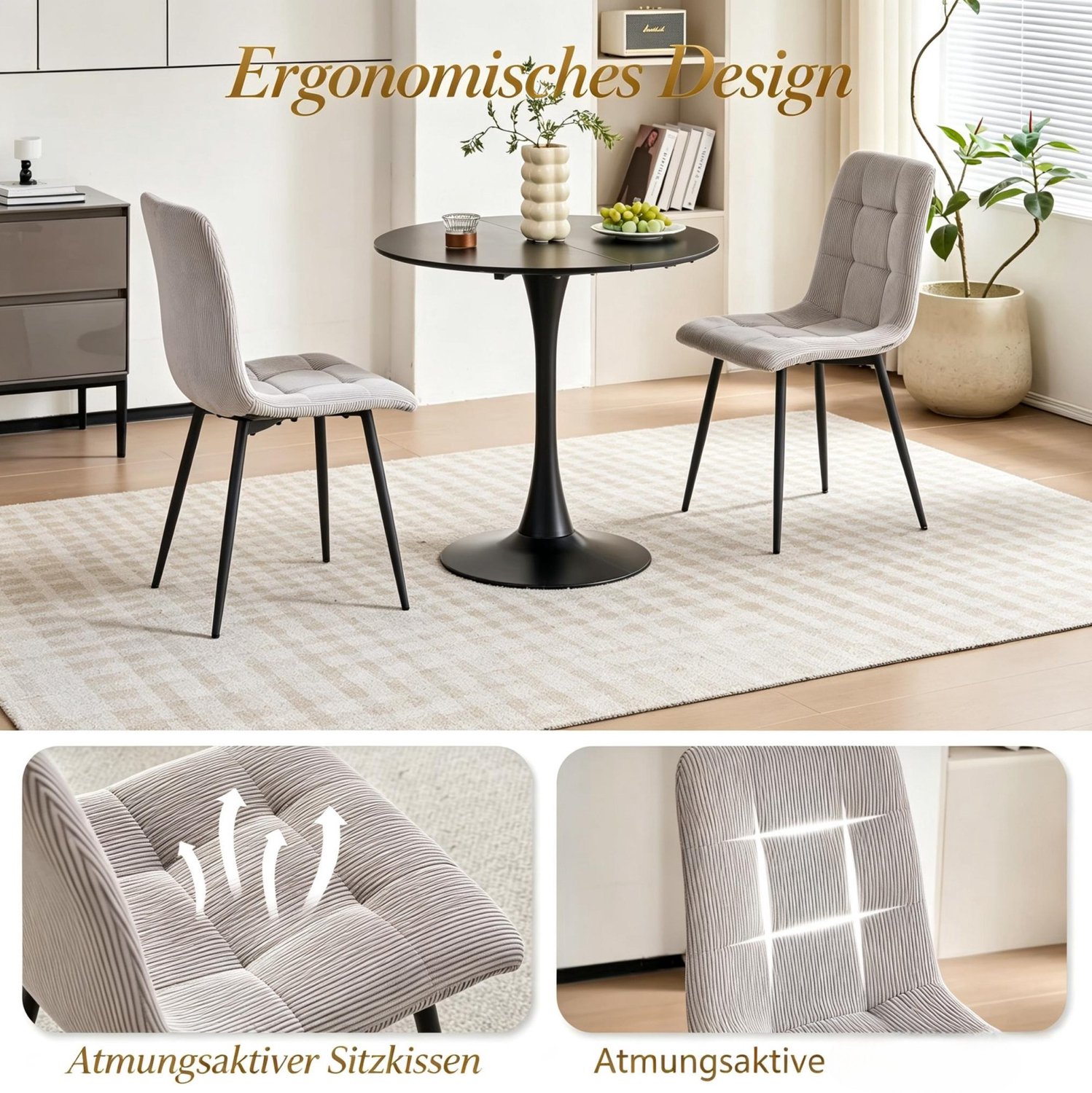 MODENUIT Eetkamerstoel - Set Van 4 Met Gewatteerde Zitting - Voor Eetkamer - Stof - Grijs - 44x43x89,5 Cm