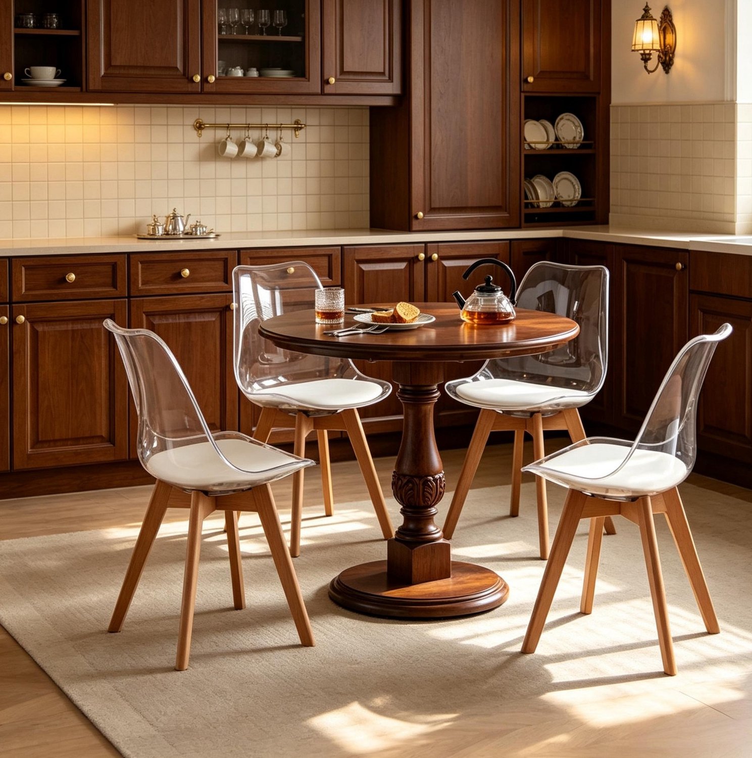 DESMIU Eetkamerstoel - Kuipstoel Set Van 4 - Comfortabele Kunstleren Zitting Met Houten Poten - Voor Eetkamer, Keuken En Woonkamer - Wit