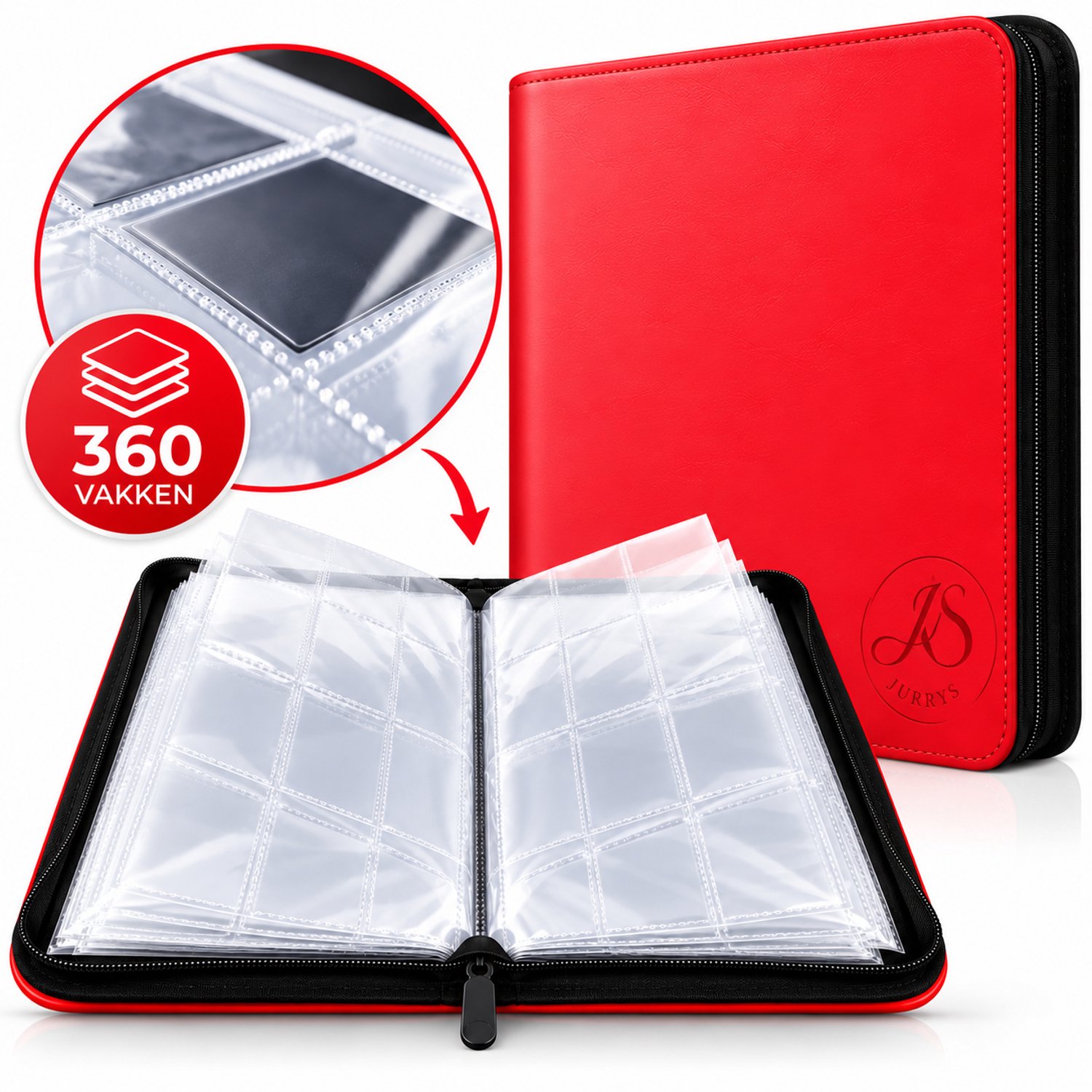 Toploader pro binder voor 360 kaarten - Verzamelmap - Trading cards map - Met ritssluiting - 9 Pocket - Stevig materiaal - Rood