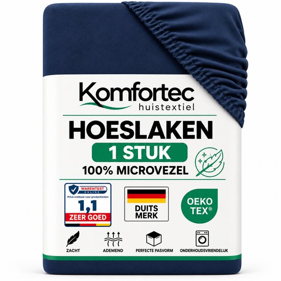 Marineblauw Komfortec hoeslaken van microvezel in verpakking met keurmerken en specificaties.