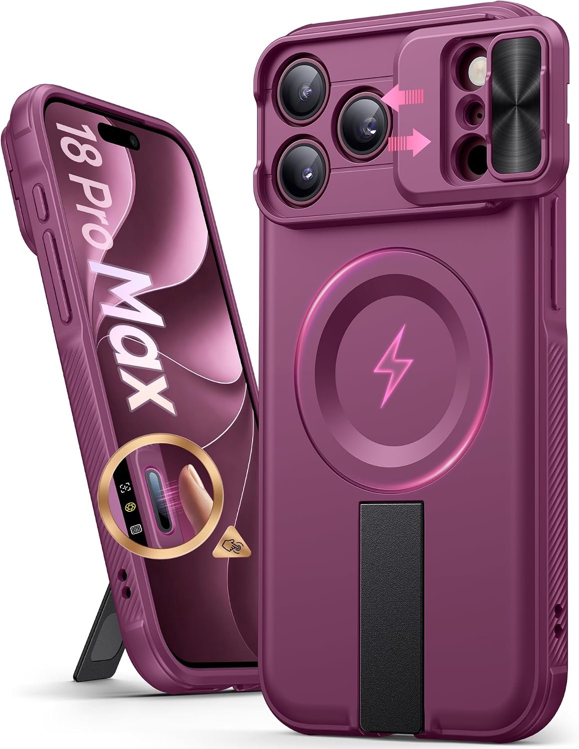 Zandarix Hoesje Geschikt voor Apple iPhone 18 Pro Max - Ingebouwde Standaard - Dubbele Schuifbare Camerabescherming - Camerabedieningsknop - Draadloos Opladen - Back Cover Hoesje - Burgundy