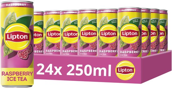 Voordeelverpakking met 24 blikjes Lipton Raspberry ijsthee van 250ml met framboos- en theebladafbeelding.