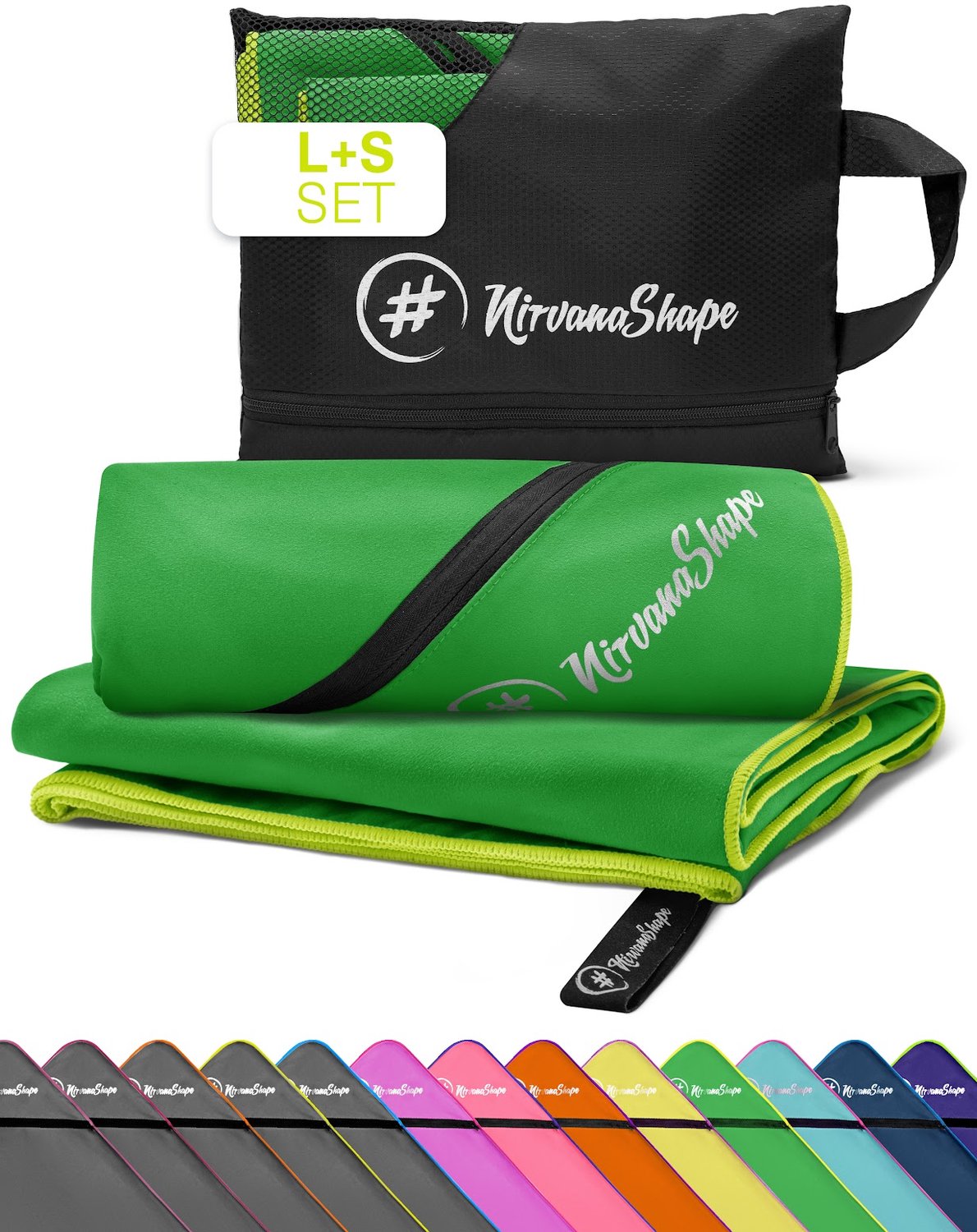 NirvanaShape - microvezel handdoek - strandlaken en badlaken - sneldrogend en absorberend - sporthanddoek met slimme hoekzak - set van 2: 140 x 70 cm + 60 x 40 cm - Groen / Gele Rand