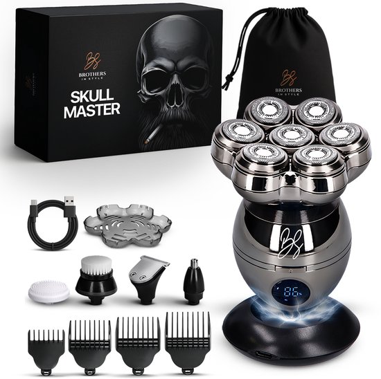 Skull Master 8-in-1 scheerset met 7-kops scheerapparaat, opzetstukken, oplaadkabel en bewaartas.