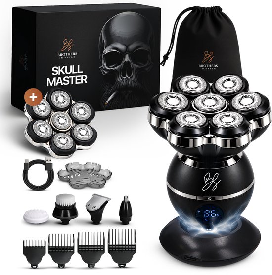 Skull Master 8-in-1 scheerset met zwarte kop, opzetstukken, oplaadkabel en bewaarzakje.