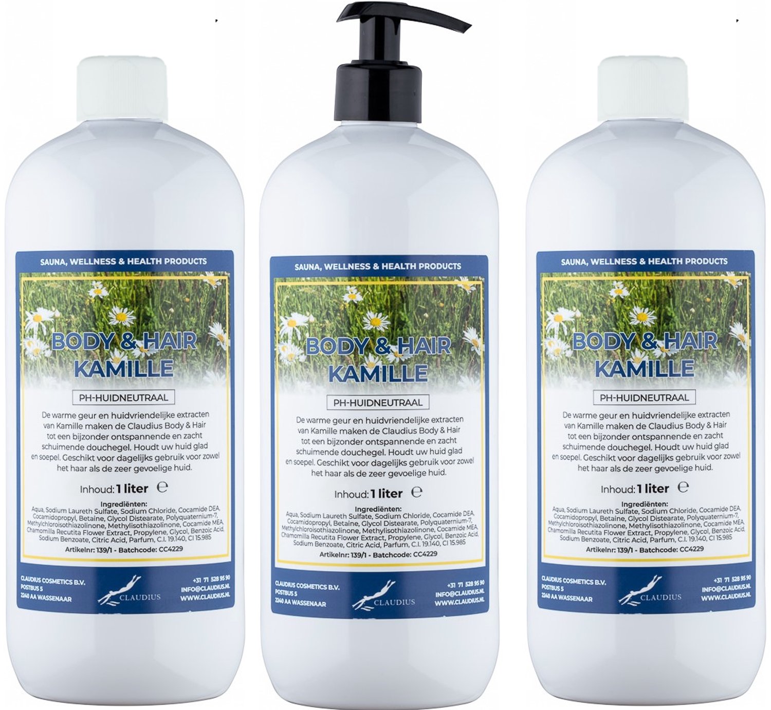 Claudius Body & Hair Kamille - 1 liter - set van 3 stuks - met gratis zwarte pomp - navulling - voordeelverpakking