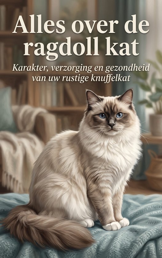 Boekomslag 'Alles over de ragdoll kat' met een Ragdoll-kat met blauwe ogen op een blauwe deken.