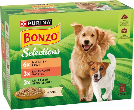 Doos Bonzo hondenvoer in perspectief, 12 x 85g, smaken kip, rund en lam in gelei met twee honden.
