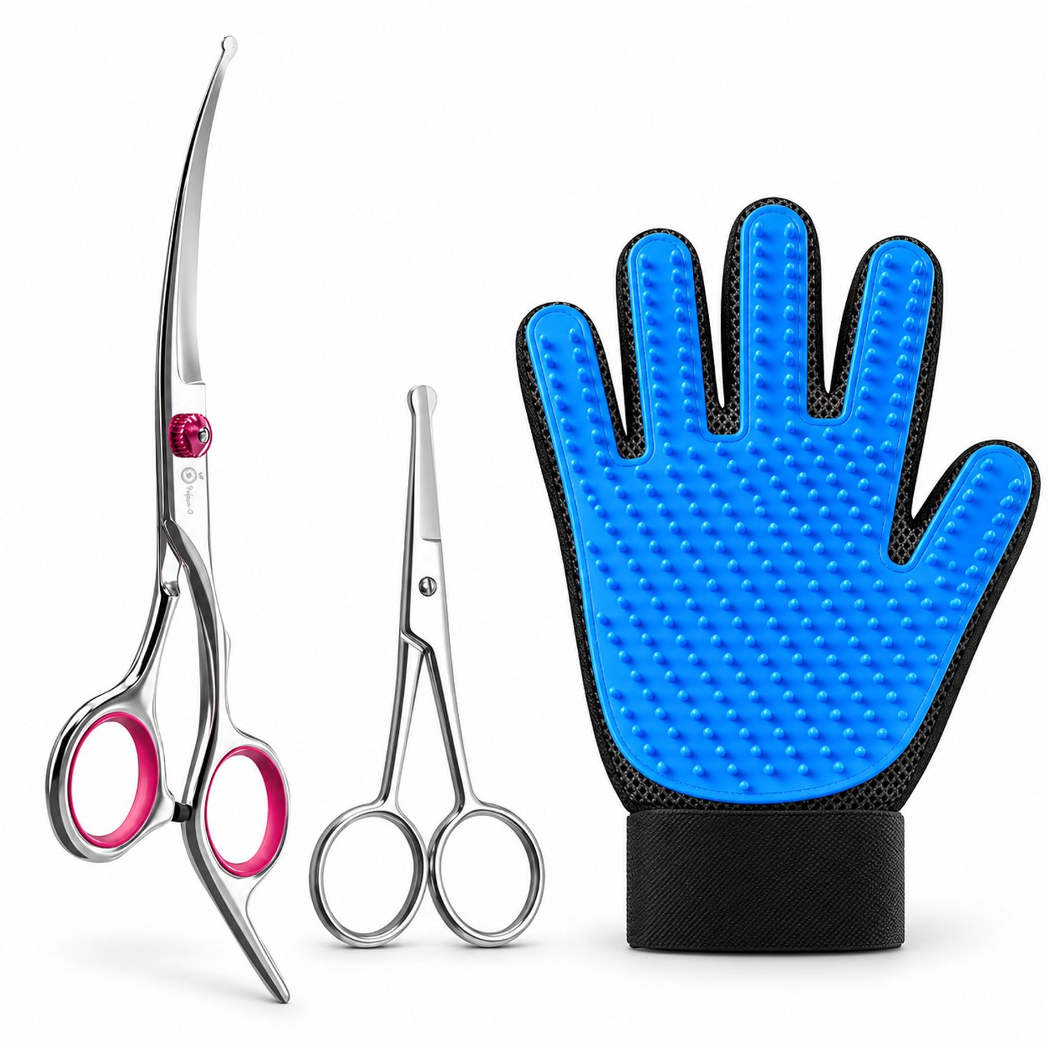 Professor Q Hondentrimset - Gebogen Trimschaar Rechts Roze - Potenschaar Zilver en Vachthandschoen Blauw - 3-delig