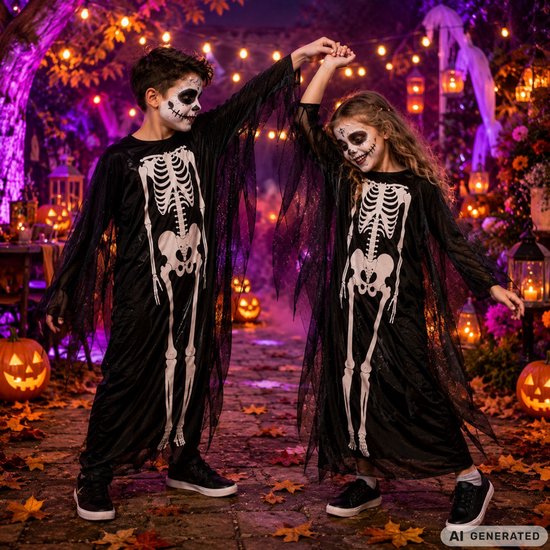 Jongen en meisje in identieke zwarte skeletkostuums met witte print, dansend in een sfeervolle Halloween-omgeving.