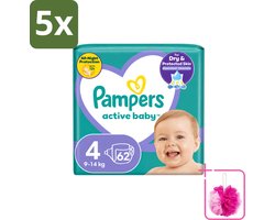 5 x Pampers – Luiers – Active Baby Maat 4 (9-14 kg) – 62 Luiers - Bulkverpakking - Luiers voor baby - Douchemop - Droge luiers