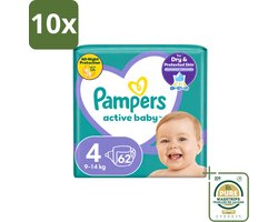 10 x Pampers – Luiers – Active Baby Maat 4 (9-14 kg) – 62 Luiers - Wasstrips - Luiers Voor Baby - Droge Luiers - Actieve Baby - Superabsorberende Luiers - Anti-lek Luier