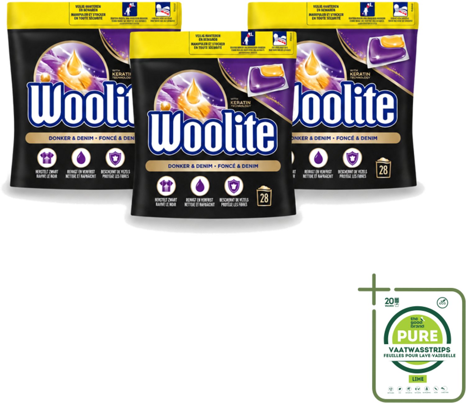 3 x Woolite Dark - Wasmiddelcapsules - Met Keratine - Donkere & Denim Was - 28 Wasbeurten - Grootverpakking - Vaatwasstrips - Donker Wasmiddel - Denim Wasmiddel - Keratine Wasmiddel - Donkere Kleding Was - Wasmiddel Voor Zwart