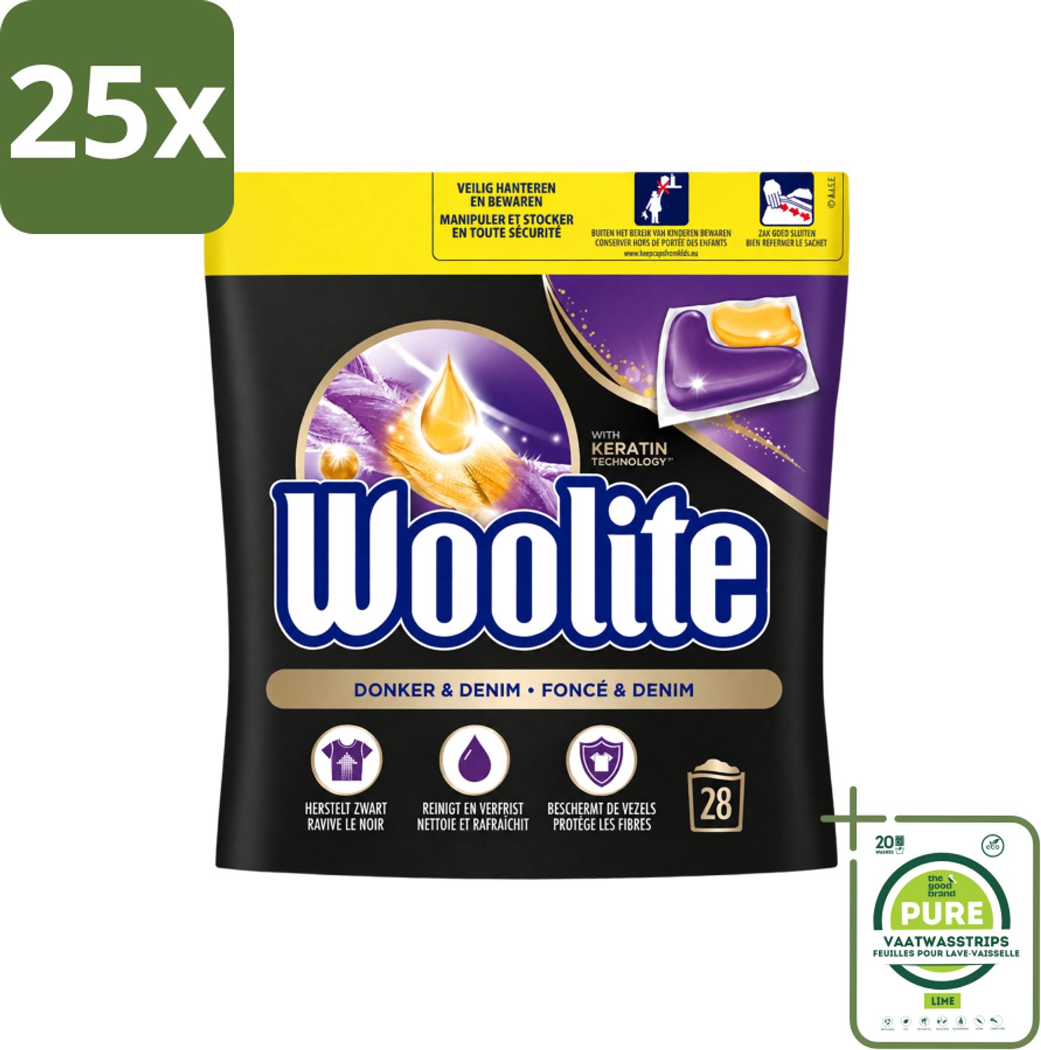25 x Woolite Dark - Wasmiddelcapsules - Met Keratine - Donkere & Denim Was - 28 Wasbeurten - Grootverpakking - Vaatwasstrips - Donker Wasmiddel - Denim Wasmiddel - Keratine Wasmiddel - Donkere Kleding Was - Wasmiddel Voor Zwart