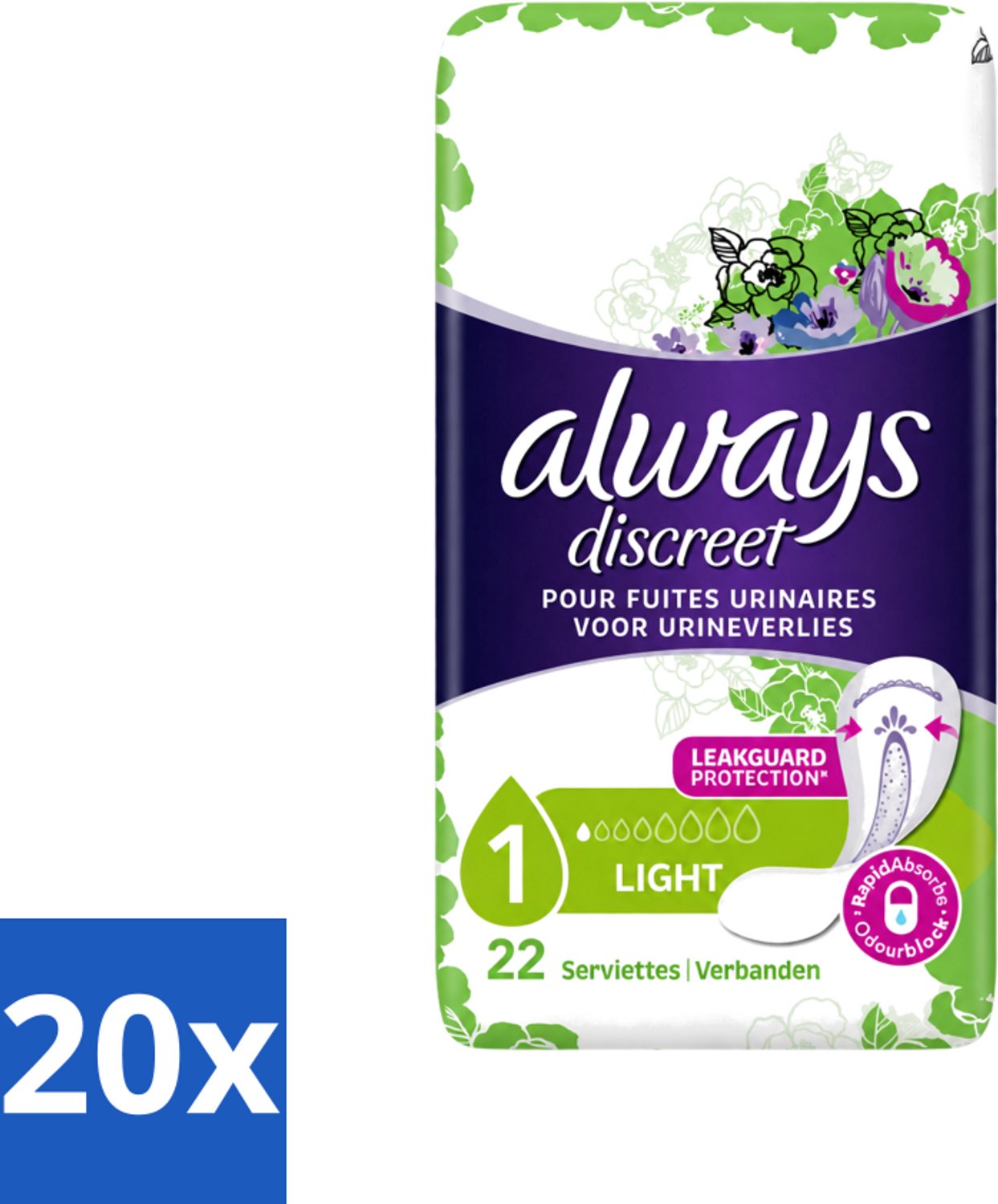 20 x Always Discreet - Maandverband - Lichte Bescherming - 22 Maandverbandjes - Voordeelverpakking - 20 stuks