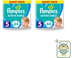 2 x Pampers - Active Baby - Luiers - Maat 5 (11-16 kg) - Zachte Pasvorm - 64 Luiers - Wasstrips - Luiers Voor Baby - Droge Huid - Luchtdoorlatende Banen - Pasvorm - Absorberende Kern