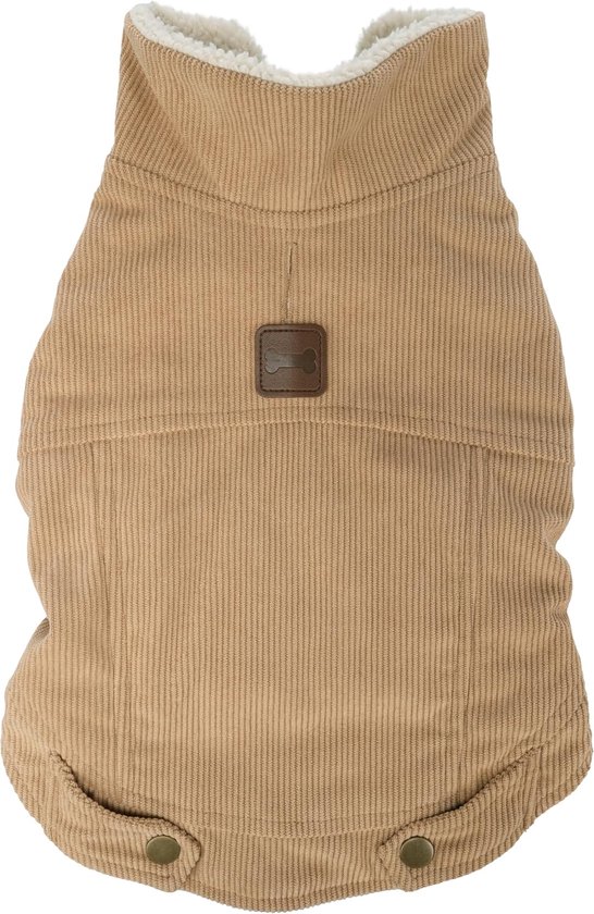 Beige corduroy hondenjas met witte pluche voering, bruin botvormig embleem en drukknopen onderaan.