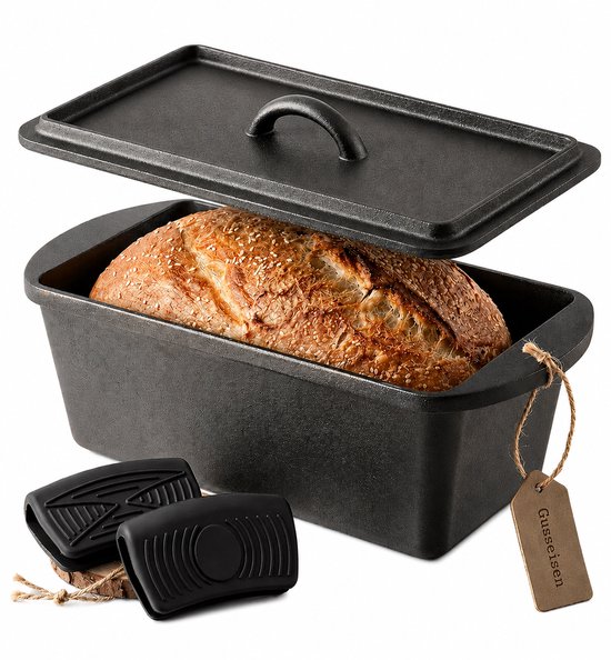 Xenia Gietijzeren Pan - Broodbakvorm met Deksel – 28 cm / 3 Liter – Dutch Oven & Braadpan – Geschikt voor Inductie & Oven – Inclusief Siliconen Handgrepen – Voorzien van Natuurlijke Patina