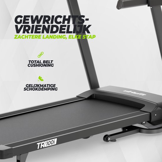Close-up van het zwarte loopvlak van de VirtuFit TR100i met focus op schokdemping en comfort.