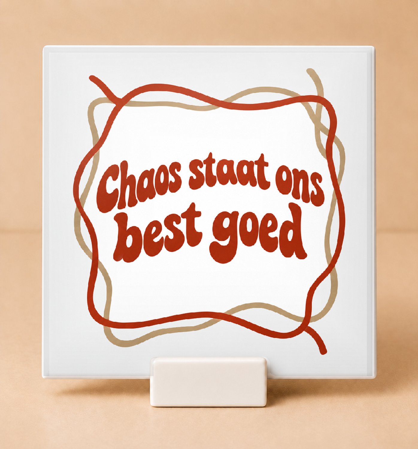 Bedruk King Speelse jaren 70 retro 'Chaos staat ons best goed' Tegel – Vintage woondecoratie voor planning en organisatie fans - 15 x 15 cm met houder Wit