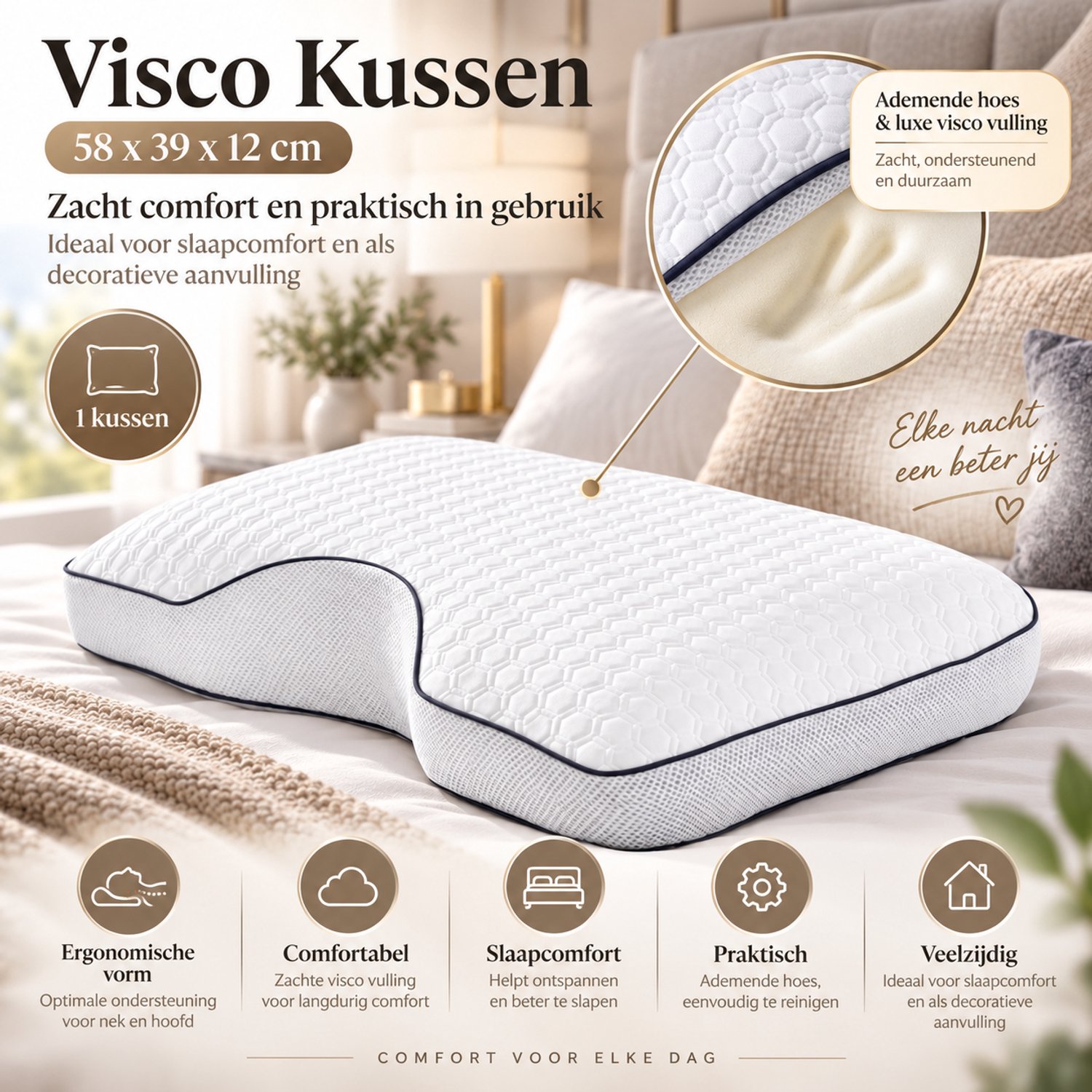 Fabric Box Dormia Hoofdkussen – Ergonomisch Visco Traagschuim – Met Nekuitsparing – 58x39x12 cm – Ademende Hoes – Wit