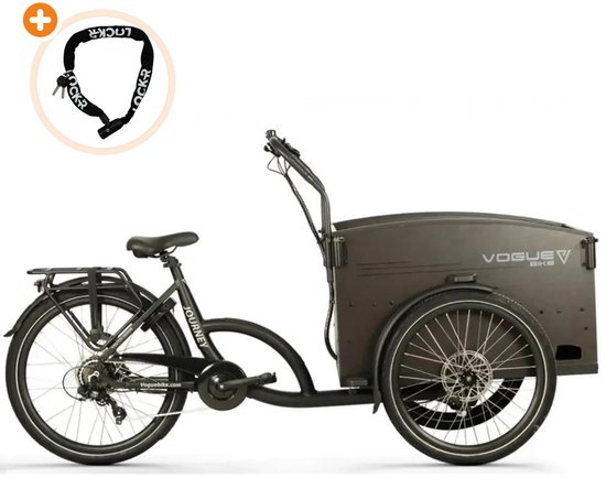 Matzwarte Vogue elektrische driewielbakfiets met lage instap, 7 versnellingen en meegeleverd Lockr-kettingslot.