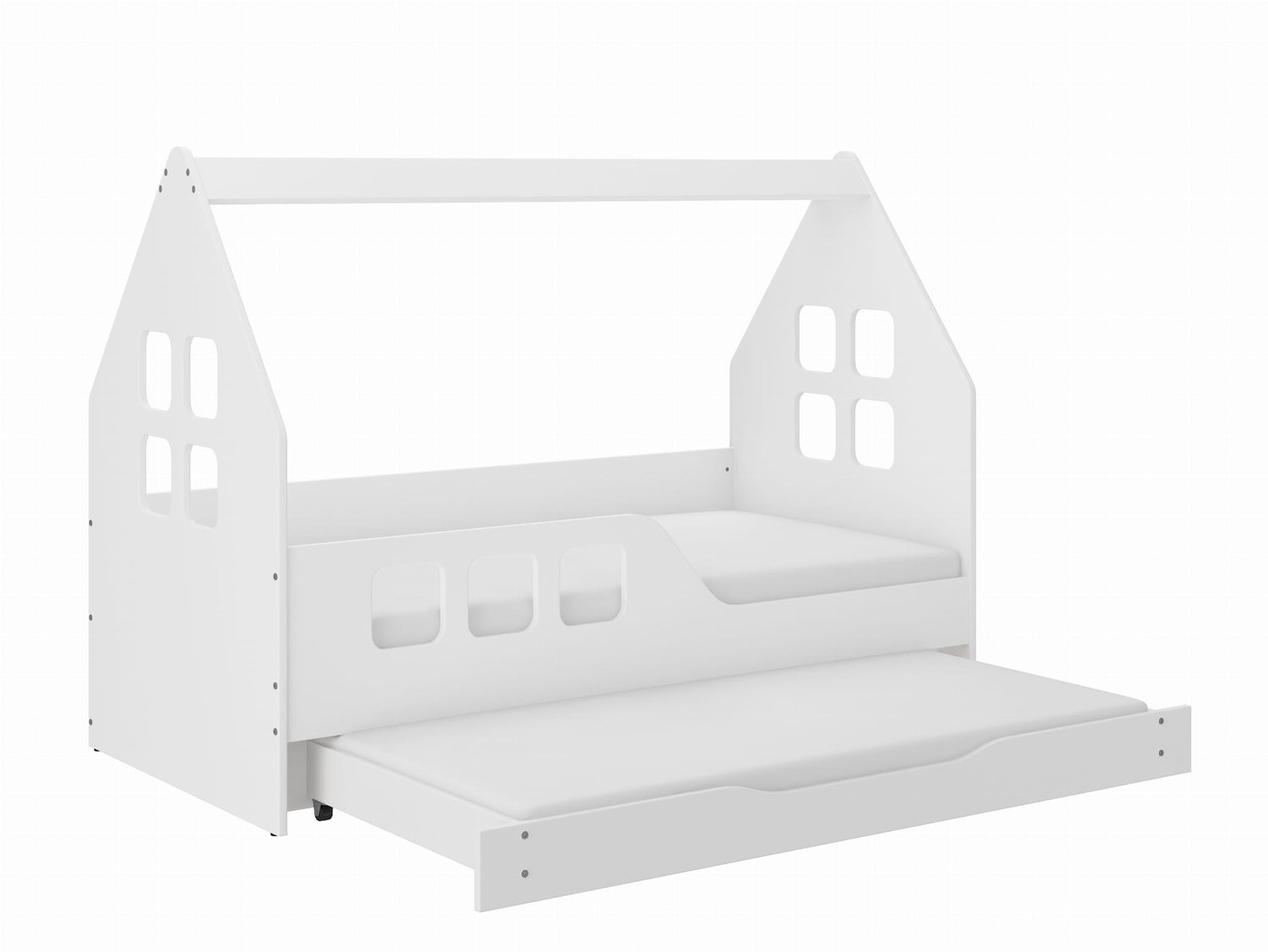 Wooden Toys Huisjeserie - Kinderbed - 160 x 80 cm - Met onderschuifbed - Inclusief schuimmatrassen wit