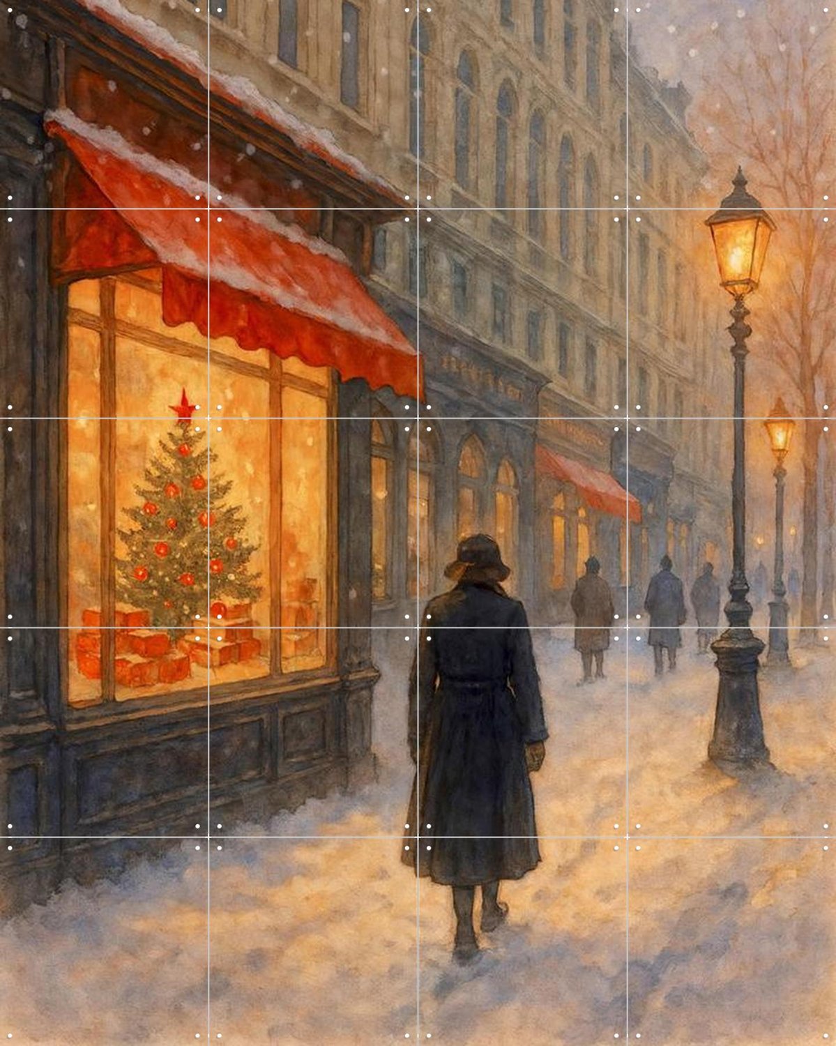 IXXI Kerstavond In De Stad, Natalie Bruns - 80 x 100 cm - Grote wanddecoratie en posters - Klassiek, Gang, Sneeuw, Winter, Kerst Rood