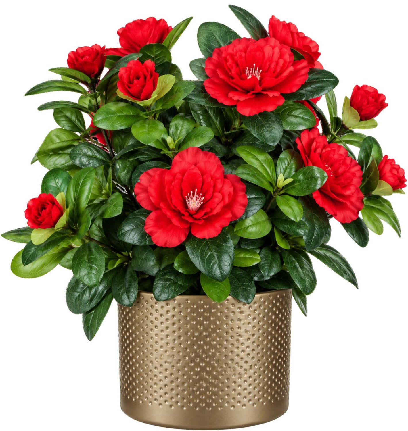Mica Decorations Kunstplant - Azalea rood - H27 cm - in gouden bloempot - keramiek - complete set van pot en plant - decoratie stuk Goudkleurig