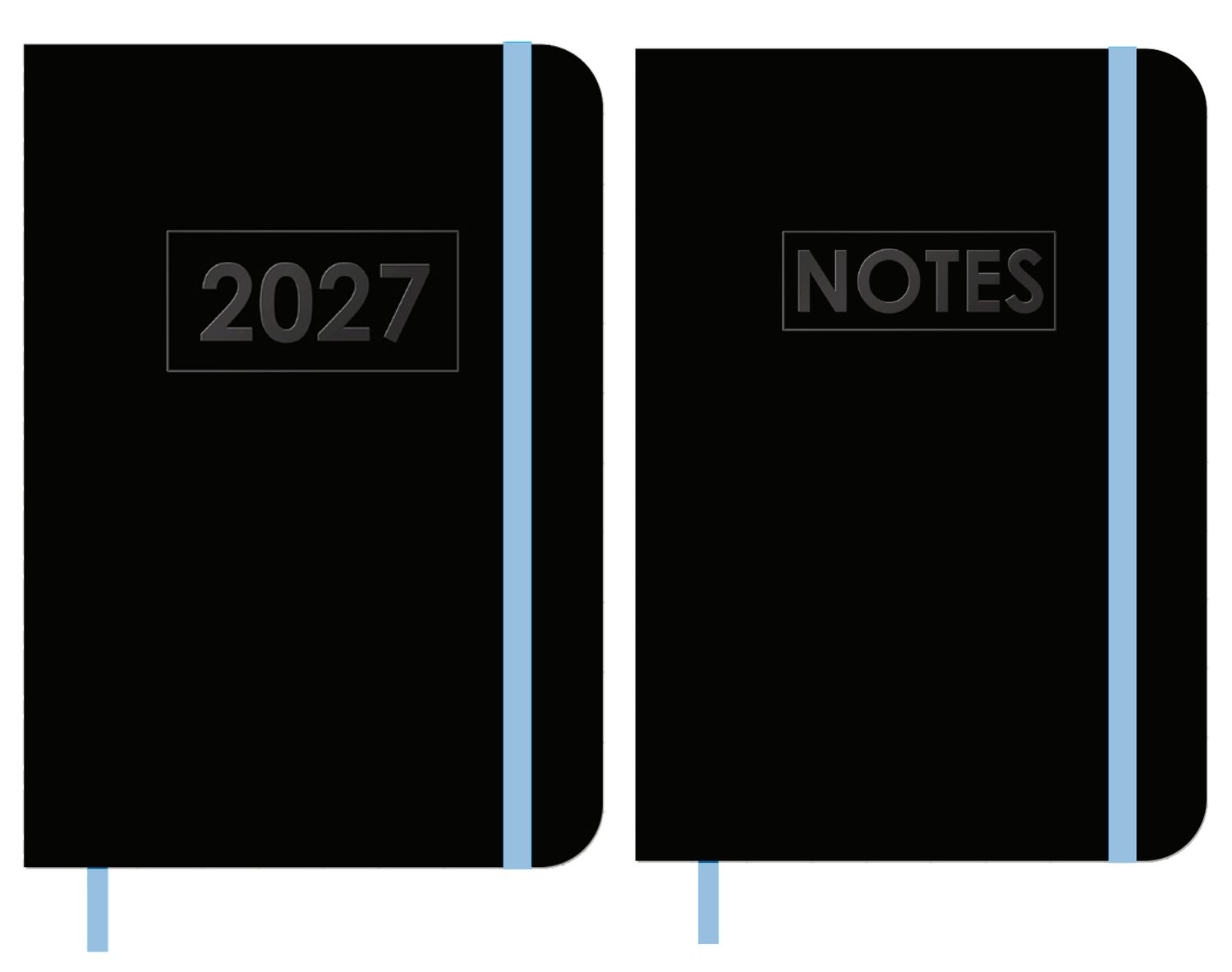 MGPcards - A6 Agenda 2027 - Weekoverzicht 1w/2p - Zwart + Blauw elastiek - 10,5 x 14,8 cm + Notitieboekje/opschrijfboekje - gelinieerd - 80 pagina's - A6 - Zwart-Blauw