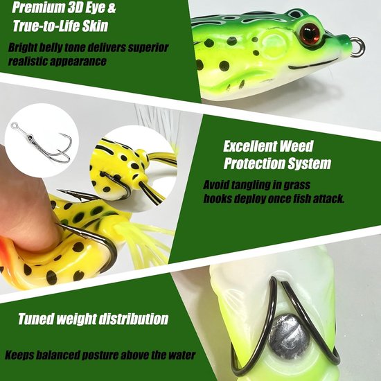 Topwater Kikker Kunstaas - 5 delig Weedless Frog Lures Set met Opbergdoos - Drijvend Zacht Aas 5,5 cm in Diverse Kleuren voor Roofvis zoals Snoek in Zoetwater — afbeelding 2
