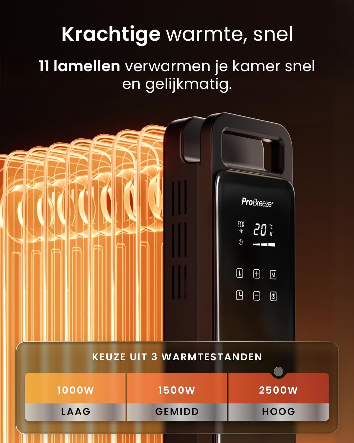 Slimme Oliegevulde Radiator 2500W met Wifi en App – Elektrische Kachel met 24-Uurs Timer, 3 Warmtestanden, Instelbare Thermostaat en Afstandsbediening – Zwart