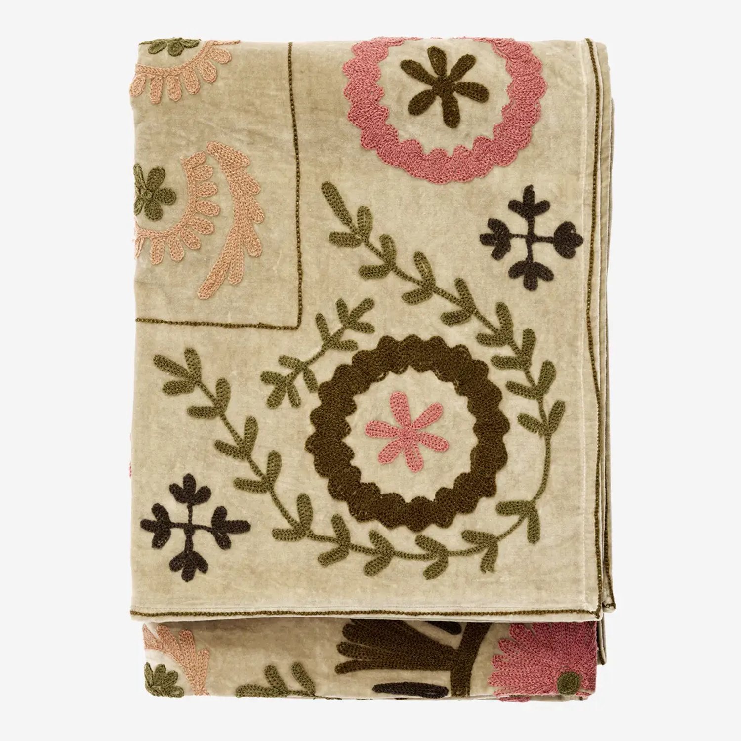 Madam Stoltz - Suzani Geborduurde Fluwelen Plaid – 125 x 175 cm – Beige