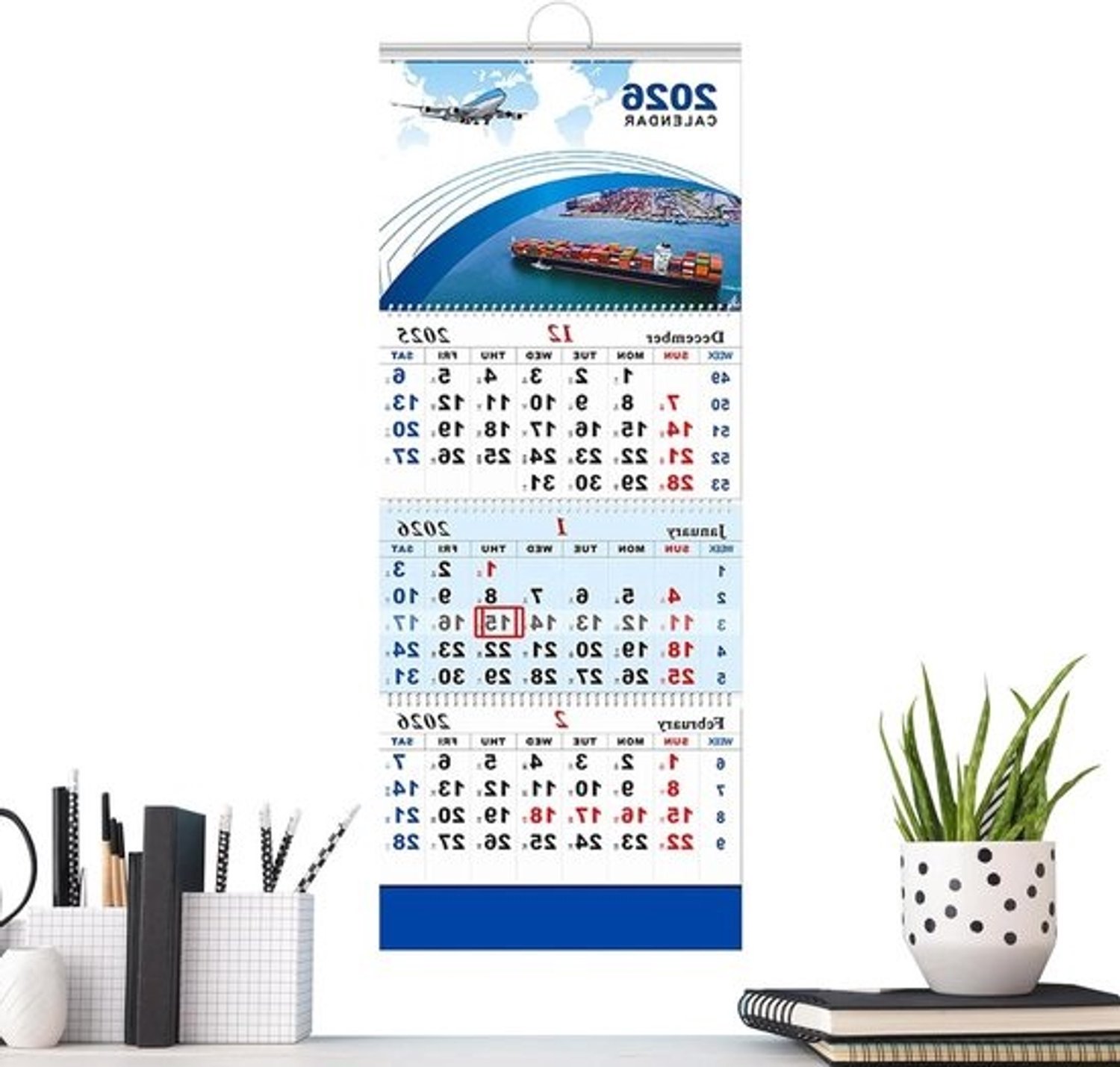 Kalender 2026 - Hangende maandplanner - Thuis plannen - Overzicht van drie maanden - 33x83.5 cm - Meerkleurig