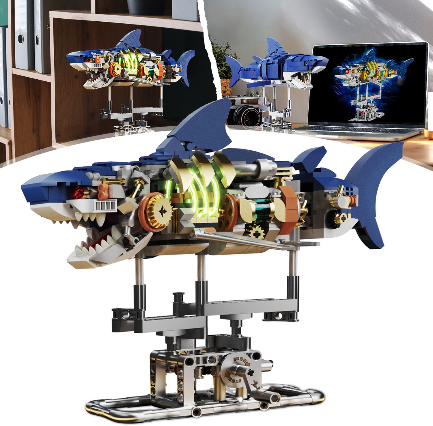 Bouwset Van Een Mechanische Haai - Interactieve Haai Van Bouwstenen Met Zwengelmechanisme - Speelgoedzeedier Met Ledverlichting