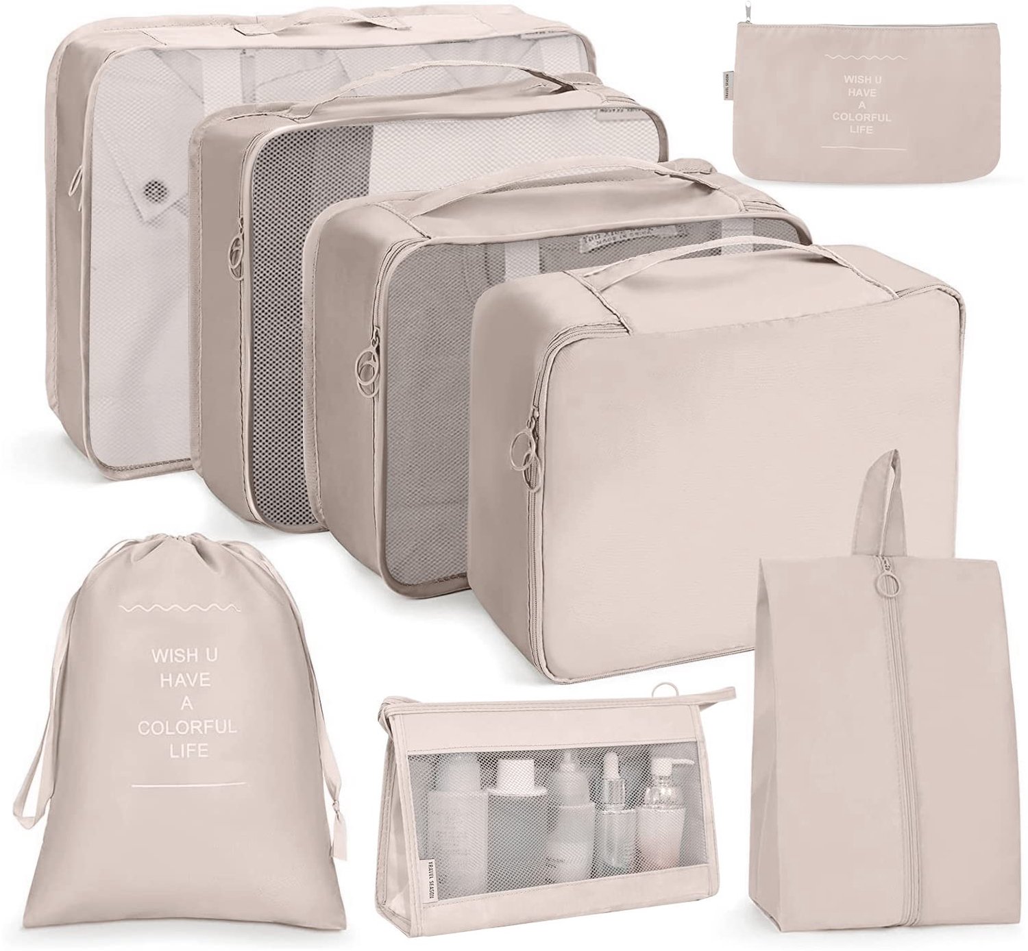 Reisset – 8-Delige Beigekleurige Koffer Organizer Set – Waterdichte Compressie Packing Cubes en Tassen voor Kleding, Schoenen en Cosmetica