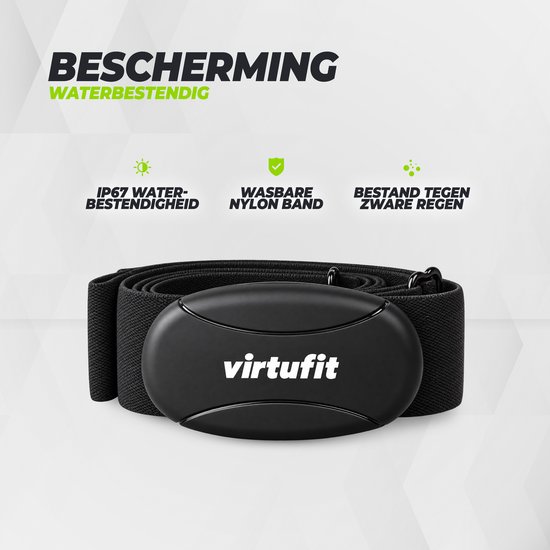 Waterbestendige VirtuFit hartslagmeter borstband met wasbare nylon band en IP67-bescherming tegen zware regen.