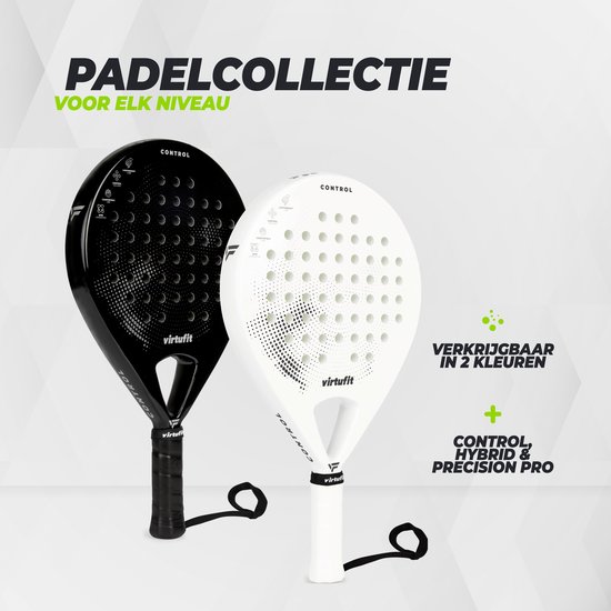 Zwarte en witte Virtufit padelrackets uit de Control-collectie, verkrijgbaar in twee kleuren.