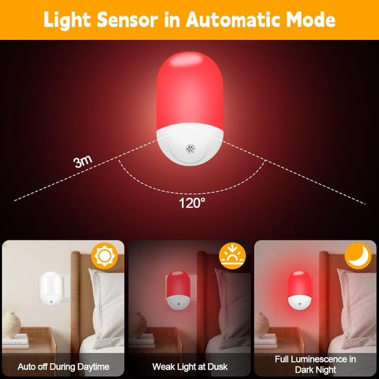 2 stuks stekker nachtlampje met schemersensor, rood LED nachtlicht, energiebesparend, voor kinderkamer, slaapkamer, hal en trap [Energieklasse A+] — afbeelding 2