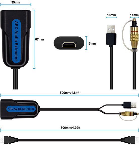 HDMI ARC-audio-extractor - 192 kHz/24 bit - HDMI high-definition audio-converter - Optische Toslink SPDIF-uitgang - Zwart - 67*35*15 mm - Kabellengte 150 cm - Geschikt voor HDTV's - ARC/EARCTV naar optische soundbar - Home cinema — afbeelding 2
