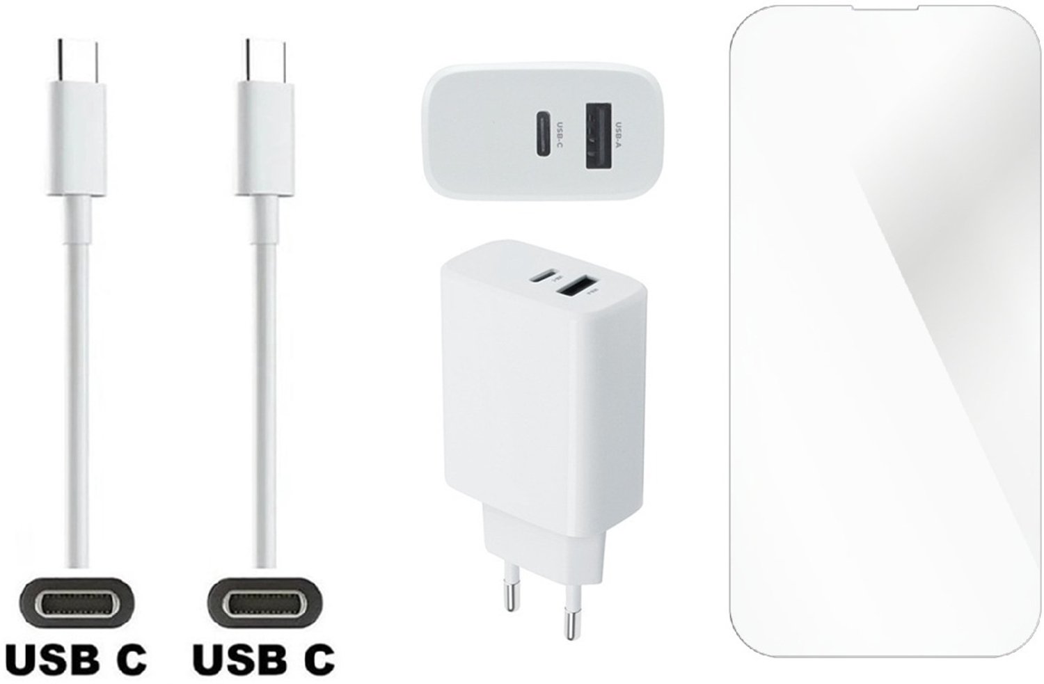 OneOne 25W super snellader met 2 poorten en screenprotector van glas voor iPhone 14 Pro Max + 2,0m USB C naar Lightning kabel. PD lader. Universele oplader adapter. Glazen screenprotector past op Apple iPhone 14 Pro Max