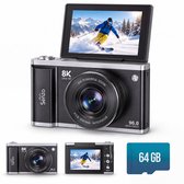 Senzo Digitale Camera 8K met WiFi - 96MP - 20 x Zoom - 60FPS - HDR - 2 x Accu - Fotocamera - Fototoestel - Compact Camera - Vlog Camera - 64GB