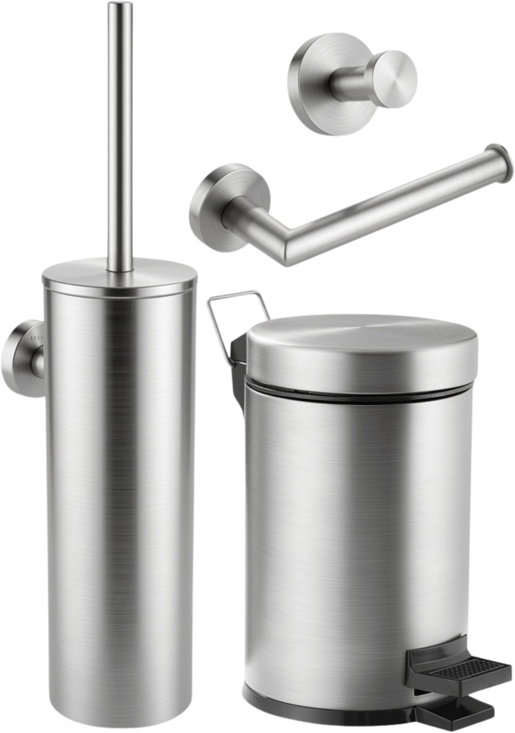 Toiletaccessoireset RVS - Pedaalemmer 3L - Toiletborstelhouder - Toiletrolhouder - Handdoekhaak - Geborsteld RVS