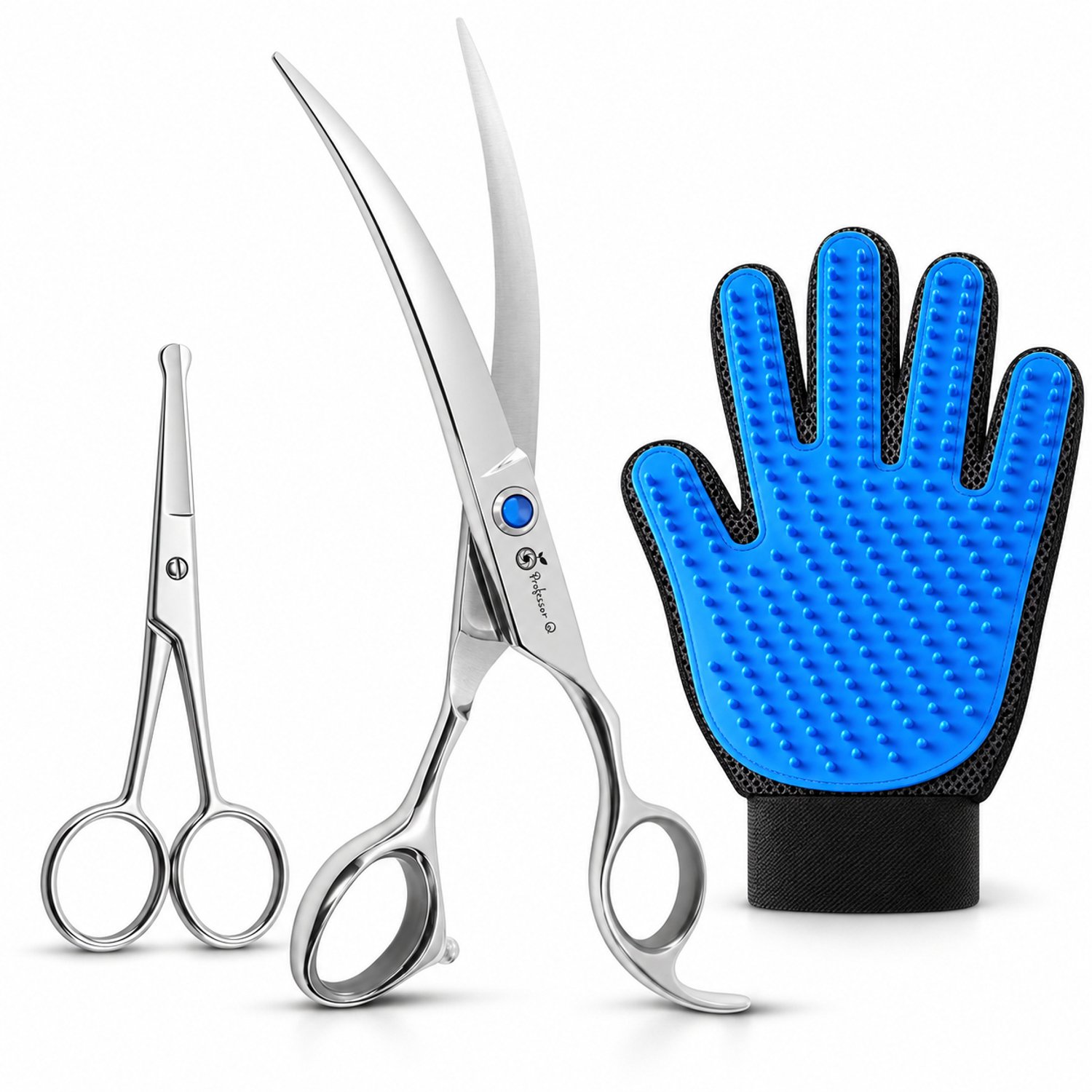 Professor Q Hondentrimset - Gebogen Trimschaar 8 inch Zilver - Potenschaar Zilver en Vachthandschoen Blauw - 3-delig