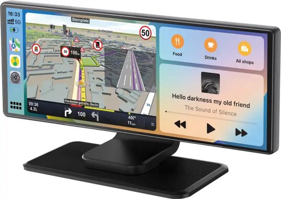 AutoSky display toont navigatiekaart met routeaanwijzingen, muziekspeler en categorieën zoals eten en drinken.