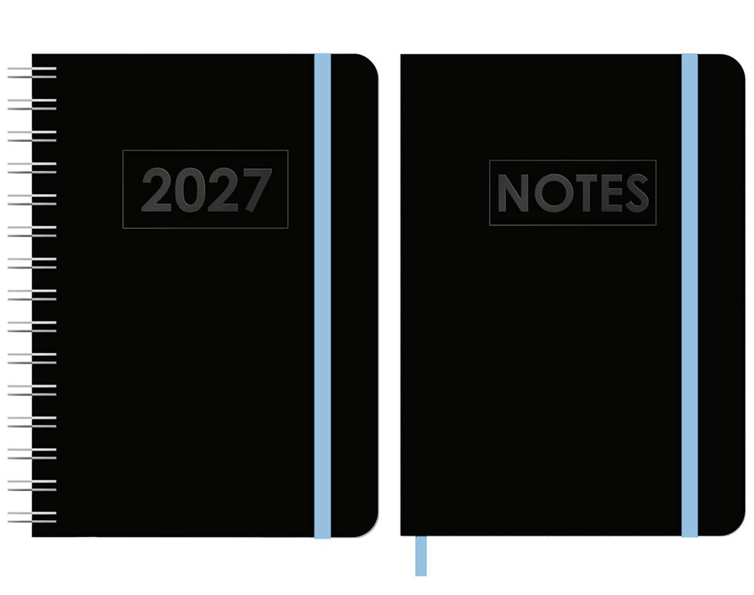 MGPcards - A5 Wire-O Agenda 2027 - Weekoverzicht 1w/2p - Zwart + Blauw elastiek - 14,8 x 21 cm + Notitieboekje/opschrijfboekje - gelinieerd - 80 pagina's - A5 - Zwart-Blauw