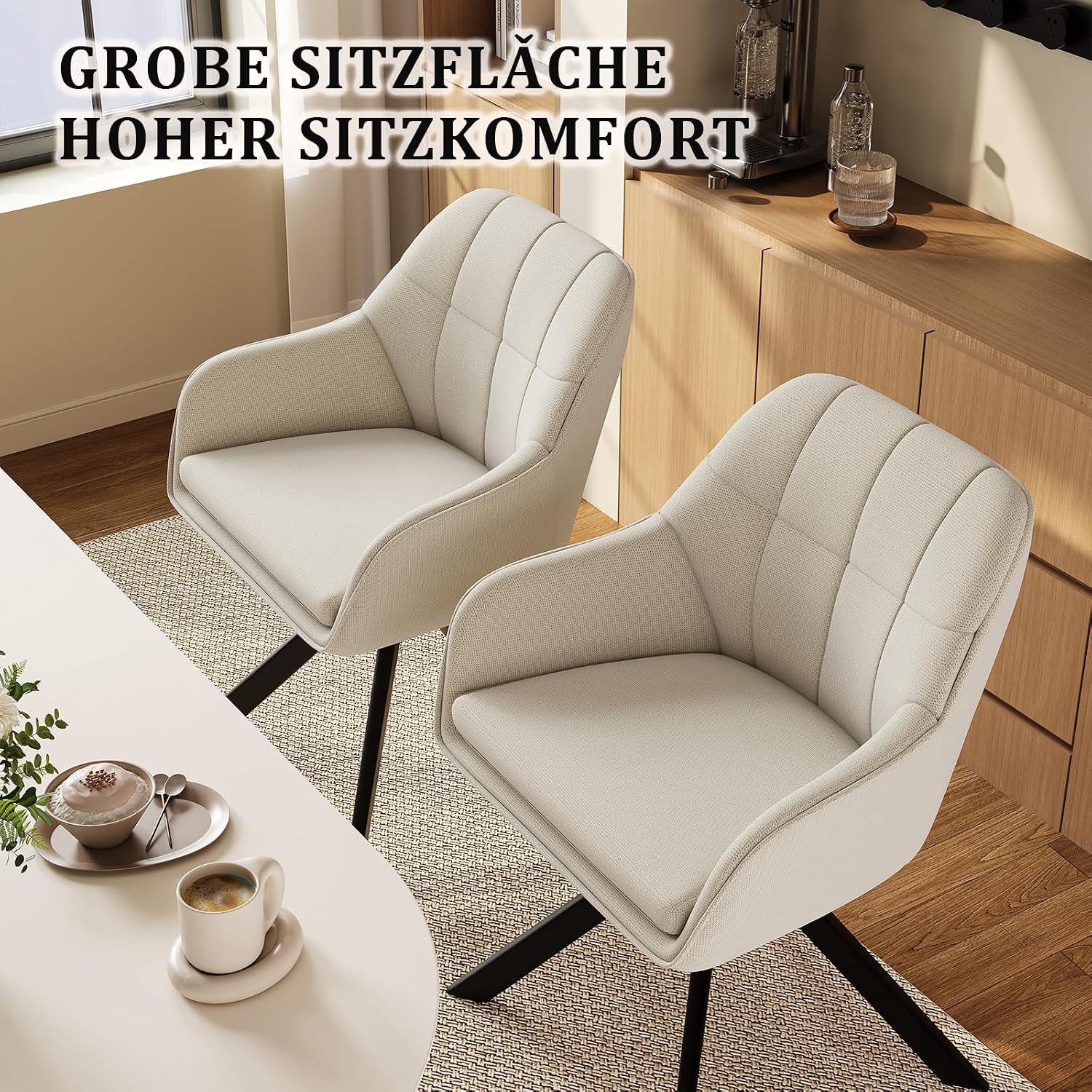 Comforto 360° Draaibare Eetkamerstoel met Armleuningen Beige – Set van 4 – Gestoffeerd met Polyester en Metalen Onderstel