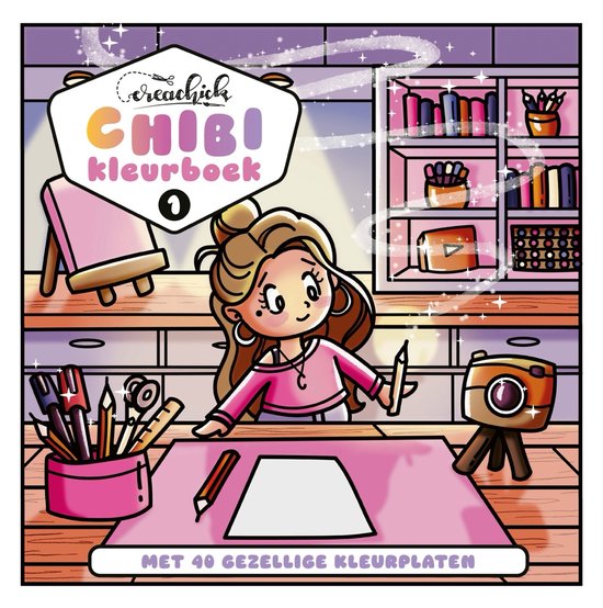 CreaChick Chibi kleurboek 1 met 40 gezellige kleurplaten, illustratie van meisje aan een tekentafel.