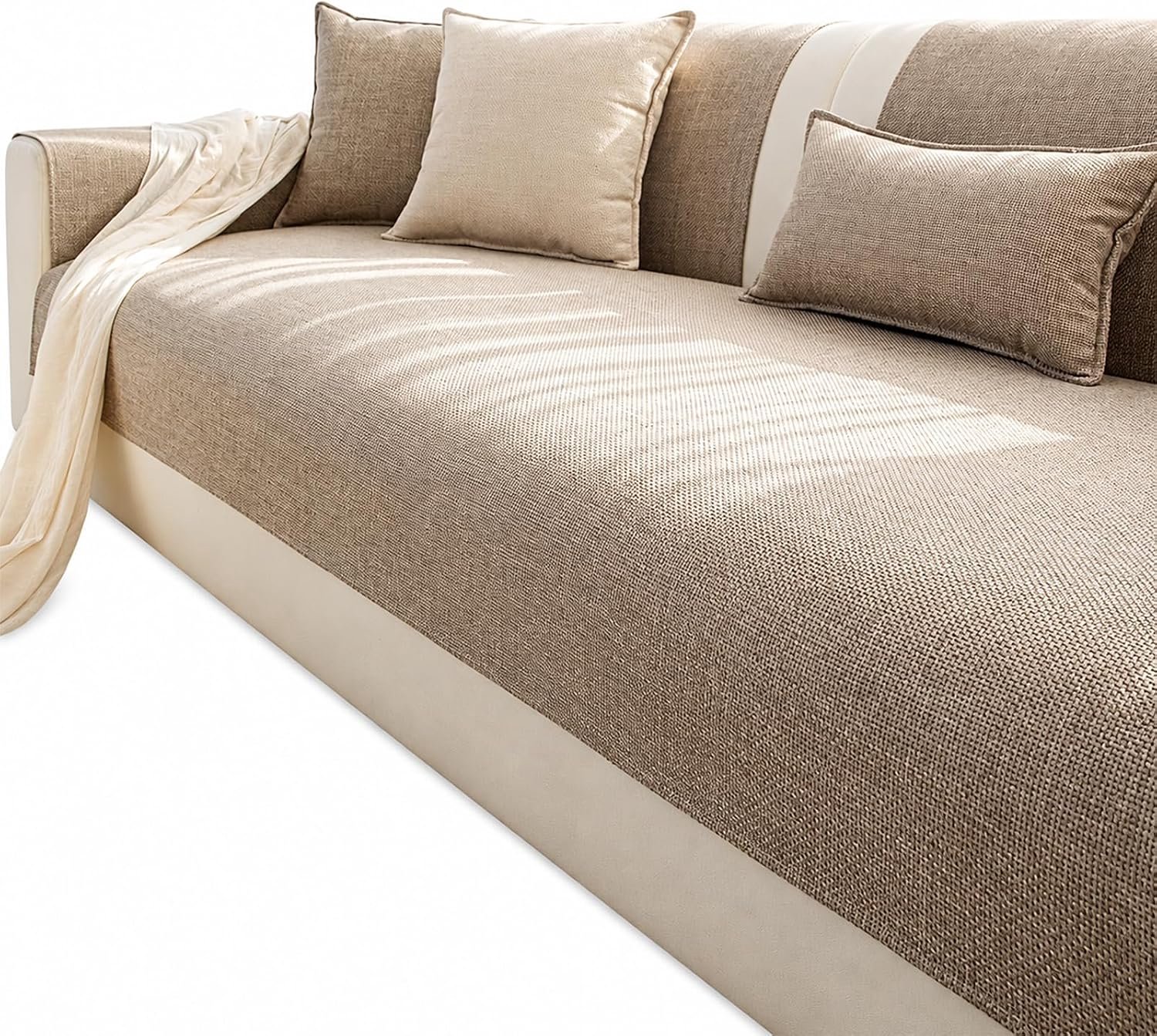 KZQ Kaki Bankhoes 70x180 Cm Van Polyester Katoen En Linnen - Antislipbeschermer Met Siliconen Achterkant, Wasbaar Voor 2- En 3-Zitsbanken, Hoekbanken En Fauteuils Khaki